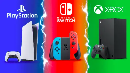 herné konzoly všetky tri hlavné konzoly najnovšej generácie - playstation 5, nintendo switch a Xbox Series X so zodpovedajúcou farbou pozadia